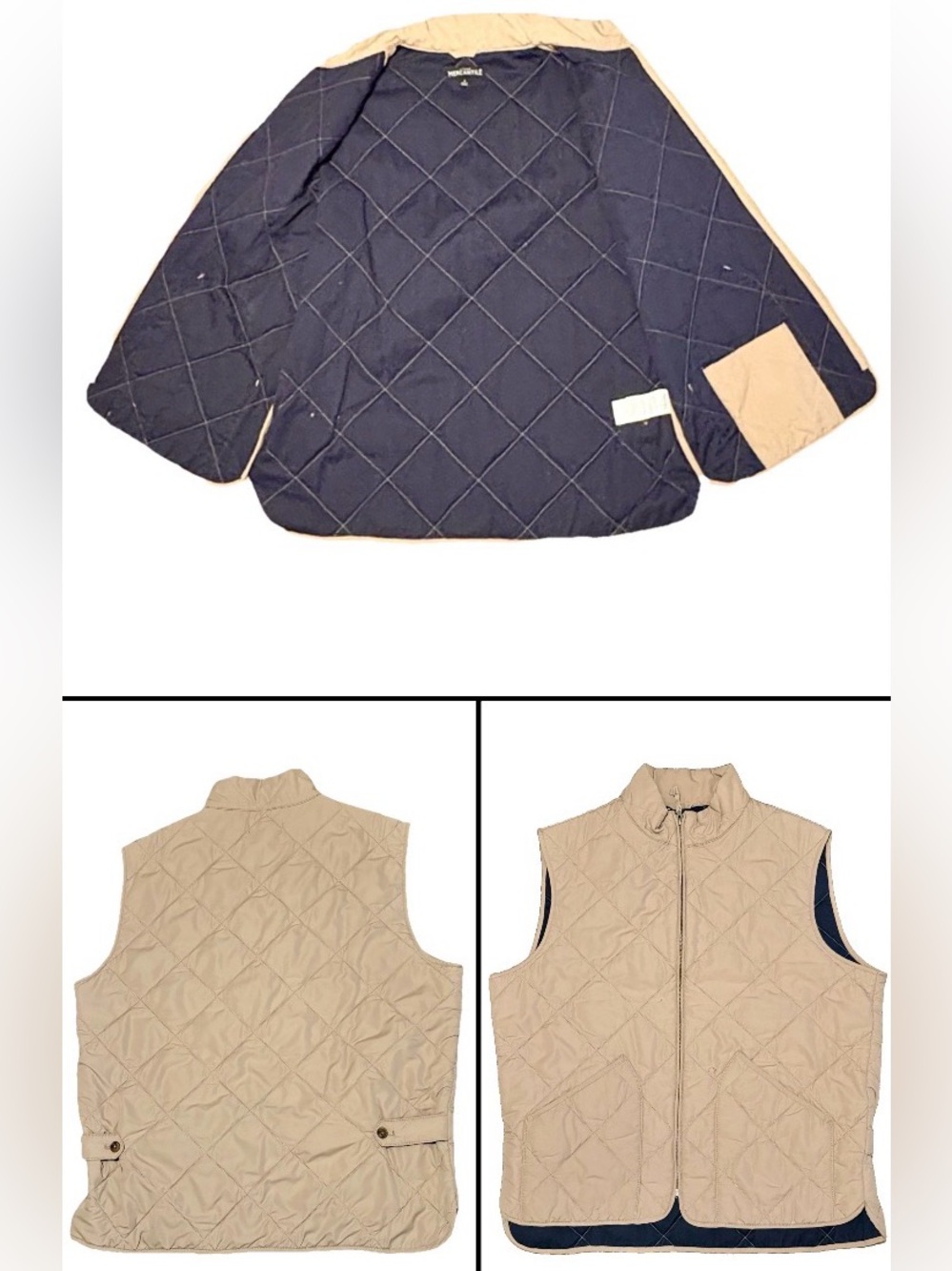 J.CREW Walker MENS LG Vest Quilted Khaki Tan Navy Blue Full Zip Layering 47752